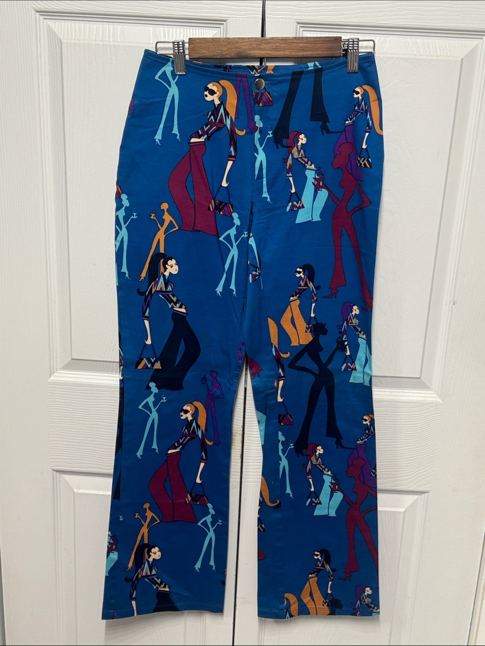 Girlfriend Novelty Print Bell Bottom Blue Graphic Retro Pants 1990s- 2000s